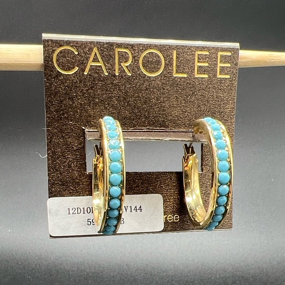 Carolee Gold-Tone Turquoise Seed Bead Hoop Earrings 1” NEW